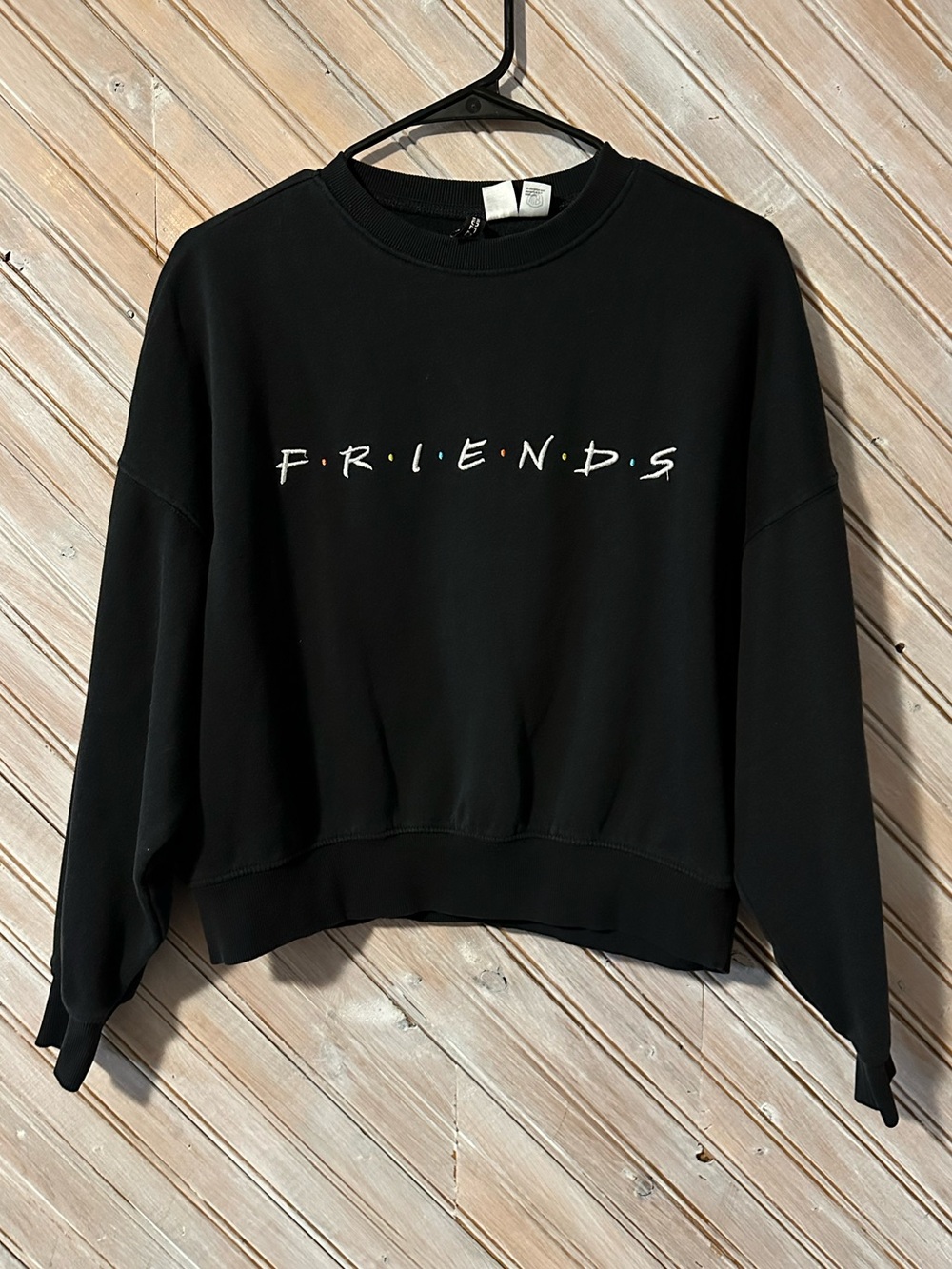 Black 'FRIENDS' Embroidered Logo Crewneck Crop Style Sweatshirt Long Sleeve